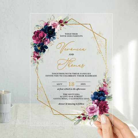 shades of fuchsia pink and navy floral acrylic wedding invites CWIA102