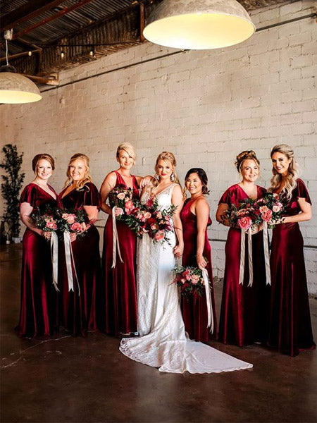 maroon red velvet bridesmaid dresses