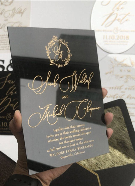 Dark and moody acrylic wedding invitations
