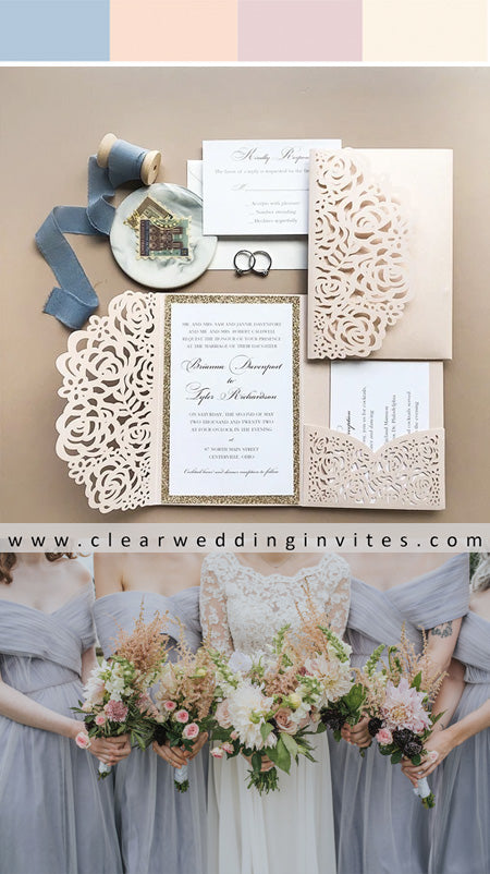 Dusty Blue and Peach Trendy Elegant Wedding Ideas and Wedding Invitations