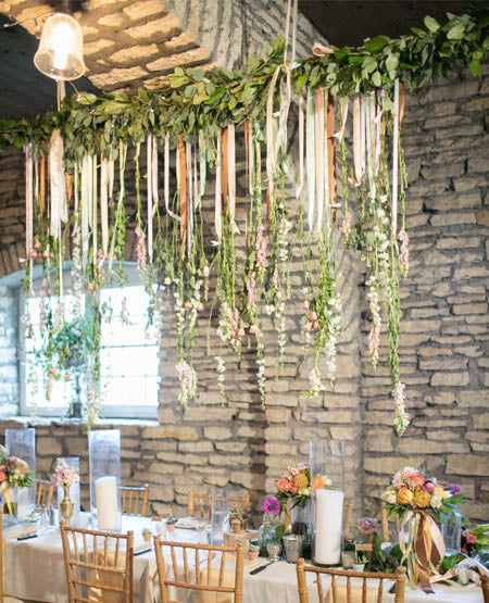Hanging Ribbons and Greenery Botanical gardens wedding, Stone barns, Main table wedding
