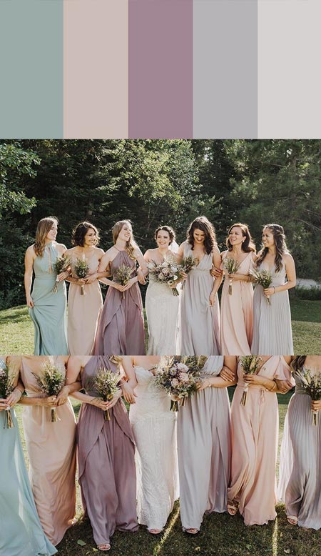 Purple Mismatched Bridesmaid Dress Color Palettes, Junebug Weddings, Madrinhas de casamento, Casamento, Cores pra casamento