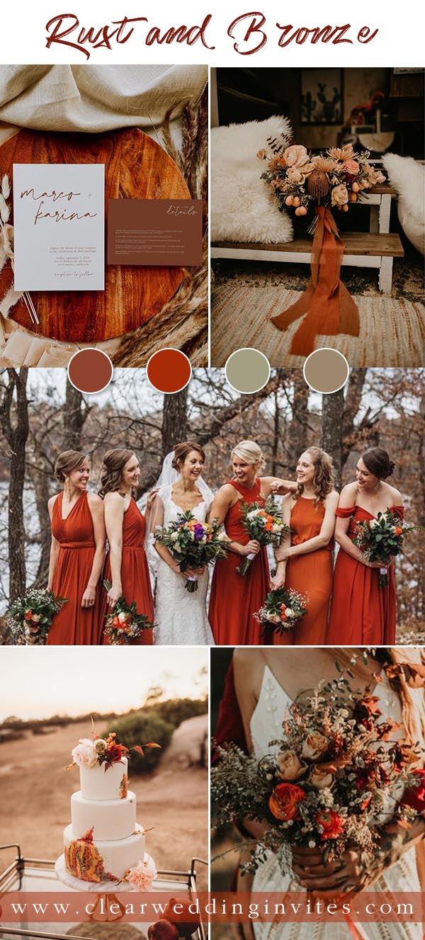 Rust or Terracotta is still the hottest color for fall weddings. There are endless ways to incorporate this chic retro color onto your wedding decor,