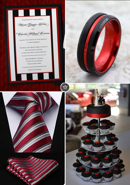 This elegant black and red striped wedding theme works in any season.