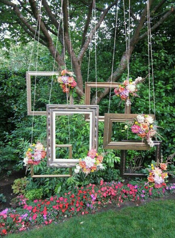 Forest Themed Garden Wedding Ideas with Photo Framed and Magenta Flowers for Summer