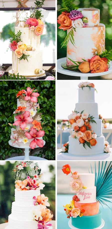These unique wedding cake topper features a vibrant full color tropical floral wreath