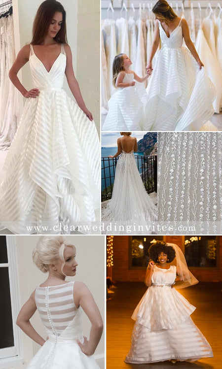 White Striped Bridal Dresses Made with Mix Fabric