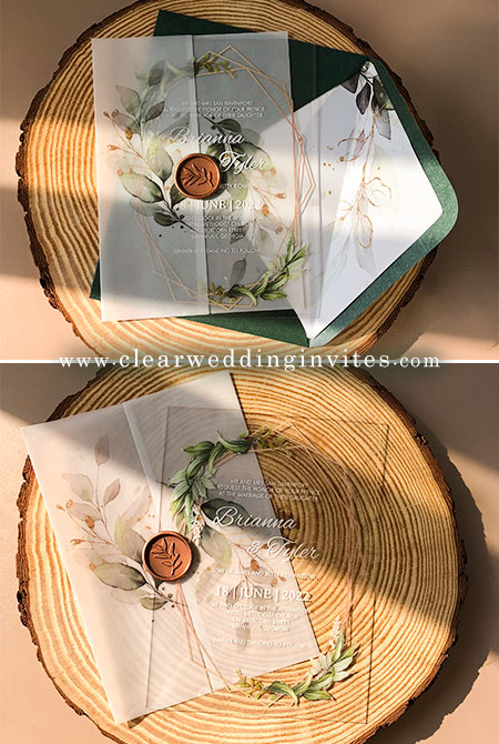 botanical leaves green rustic Vellum wedding invitations acrylic stationery