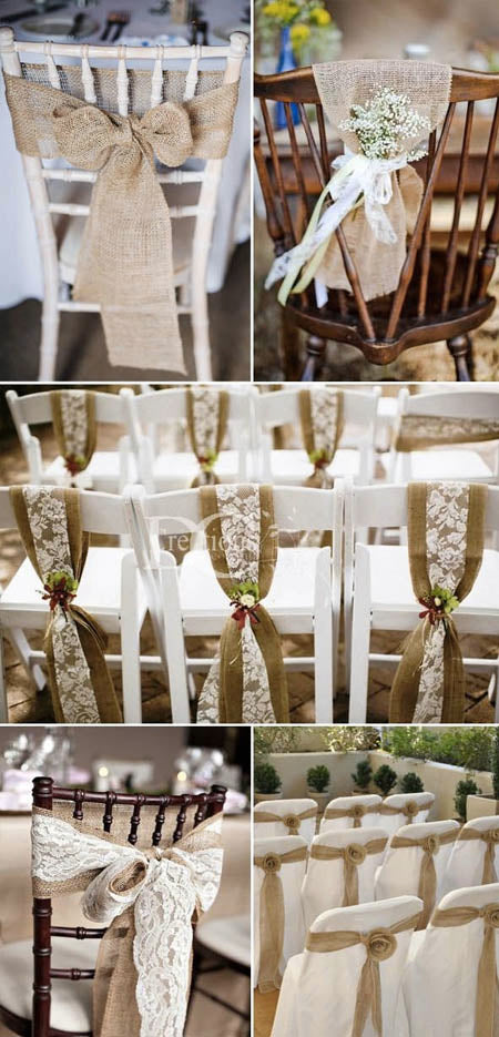 burlap lace and ribbon chair decoration for rustic vintage wedding.