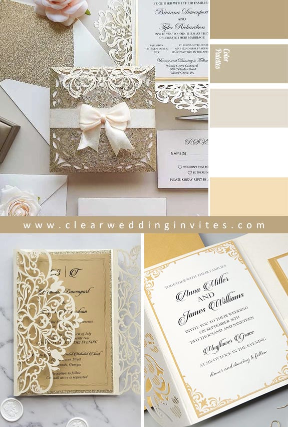 modern ivory shimmer and gold Wedding Invitations