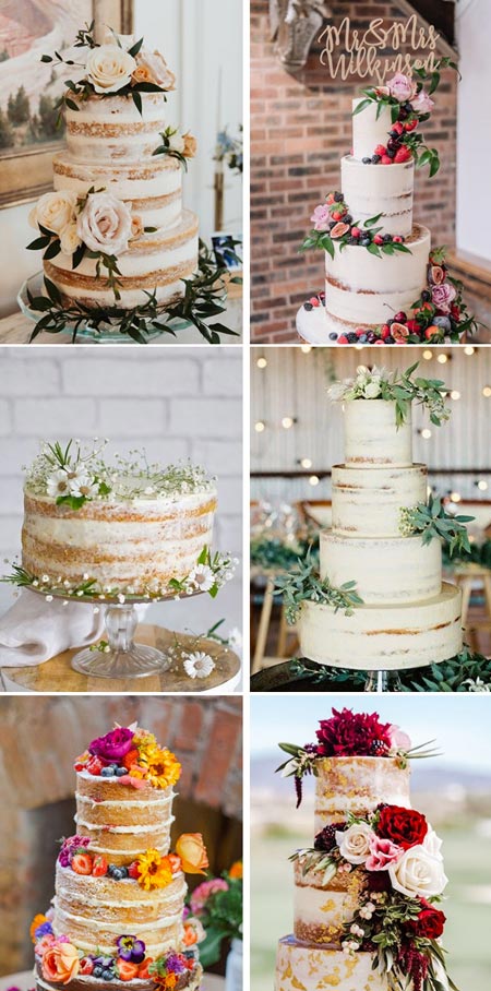 Semi-Naked Wedding Cakes with layer of frosting is one best choice for those who are on the hunt for a simple, rustic wedding cake design.