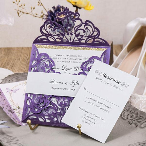 Glamorous Purple and Gold Wedding Invitations with Gold Glitter CWIL37