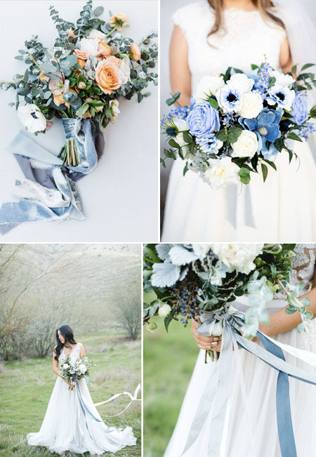 slate blue and greenery wedding bouquet tie with ribbon bow