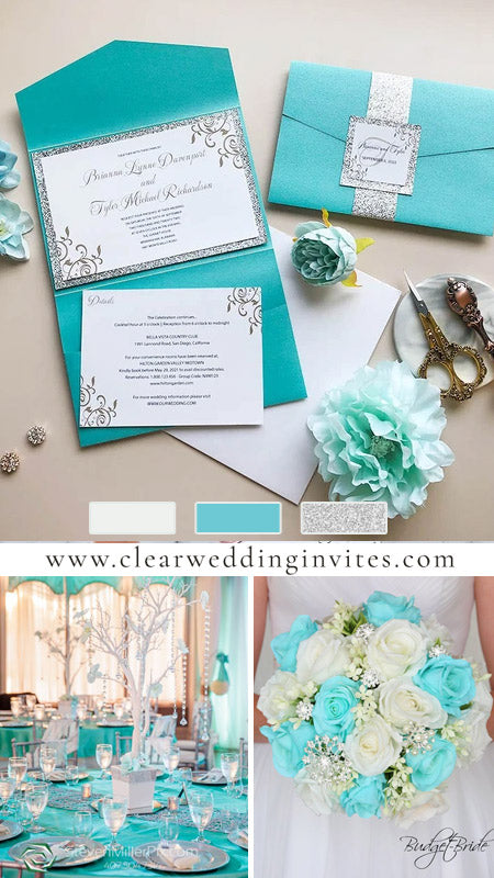 tiffany blue swirl pattern pocket wedding invitations with silver glitter liner CWIL41