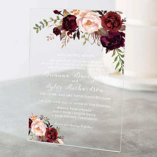 Affordable Burgundy Rose Acrylic Wedding Invitation CWIA01