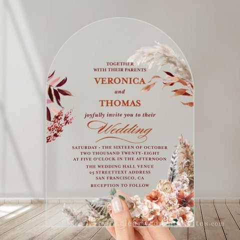 Boho Rustic Fall Floral Burnt Orange  Acrylic Wedding Invitations CWIA229