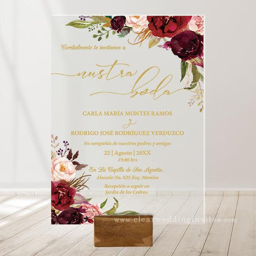 Burgundy Pink Gold Spanish Acrylic Wedding Anniversary Invitation CWIA200