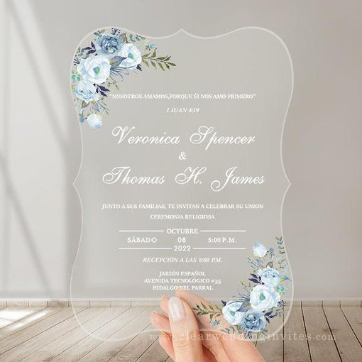 Cool light blue and dusty blue bracket shape acrylic wedding invitations CWIA211