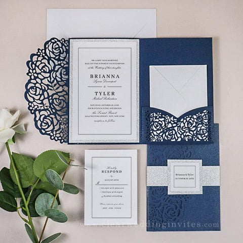 Elegant Navy Blue Laser Cut Pocket Wedding Invitations with Silver Glitter Liner CWIL13