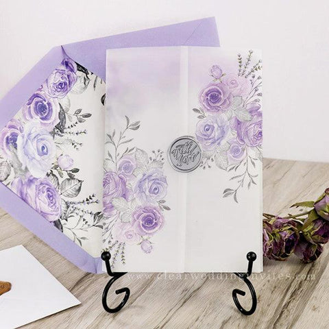 Rustic Lilac Lavender Silver Gray Floral Vellum Wedding Invitation CWIV21