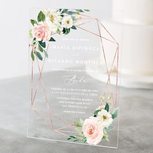 modern rose gold geometric with pink rose floral acrylic wedding invitations CWIA36