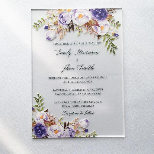 Elegant Purple Matching Wedding Invitations on Acrylic Cards