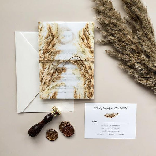 rustic bohemian pampas grass vellum wedding invitations CWIV16