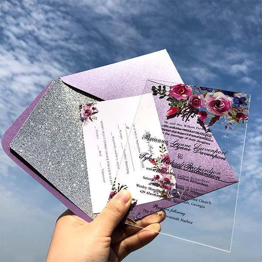 classic fall magenta shades of purple floral clear 1mm wedding invitations CWIA06