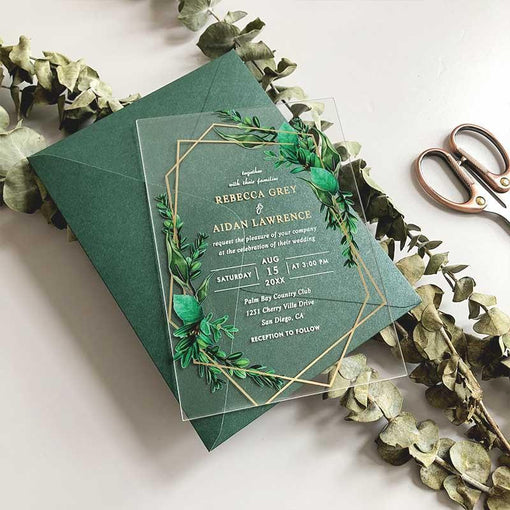 emerald green wedding colors and acrylic invites