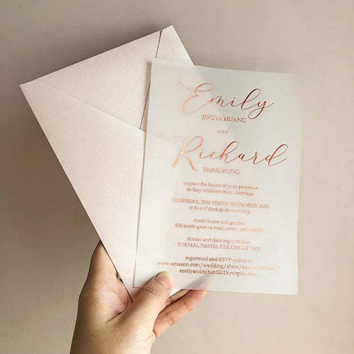 Simple modern foil vellum invitations with shimmer envelopes