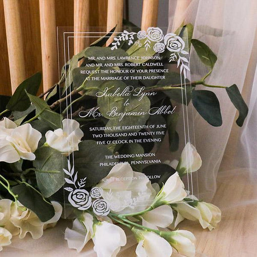 White Border Rose Floral Acrylic wedding invitation thickness 1mm with UV printing CWIA41