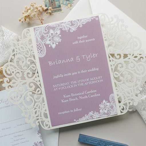 Dreamy Mauve Ivory laser cut lace invitation with background in mauve colors CWIL55