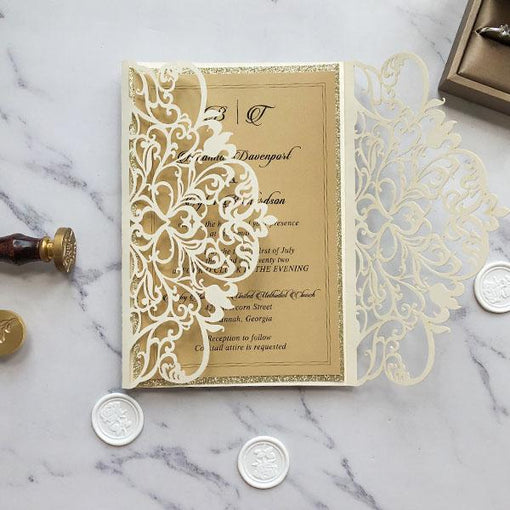 modern ivory shimmer and gold glitter laser cut wedding invitation suite CWIL11