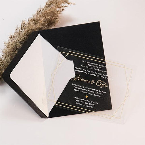 chic geometric black, white and gold acrylic wedding invites CWIA114