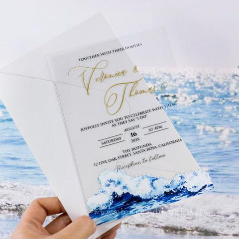 watercolor blue sea waves beach acrylic wedding invitations CWIA231