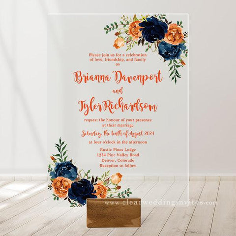 Orange & Navy Blue Peony & Rose Floral Acrylic Wedding Invitation CWIA177