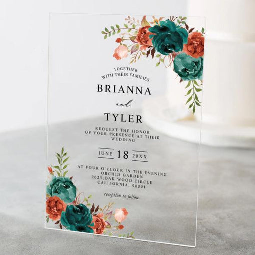 Turquoise Dark Teal and Coral Floral Acrylic Wedding Invitation CWIA132
