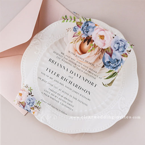 blush and dusty blue floral acrylic wedding invitation CWIA10