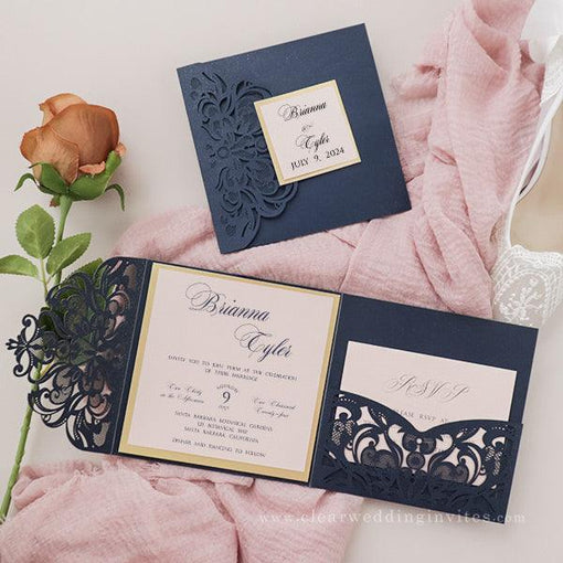 dusty blush and navy pocket wedding invitations with gold liner CWIL74