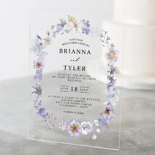 romantic lilac purple blue floral wreath acrylic invitations CWIA113