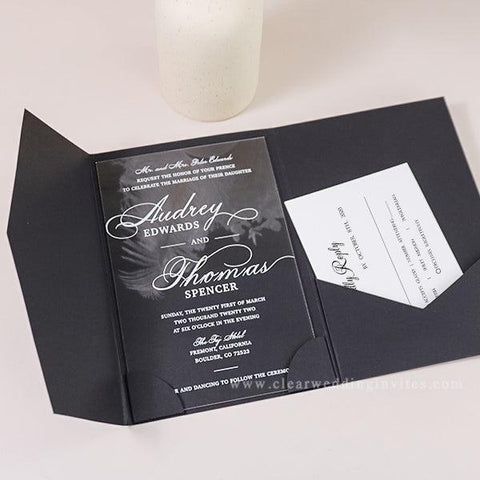 Elegant White Script Black Pocket Acrylic Wedding Invitations CWIA209