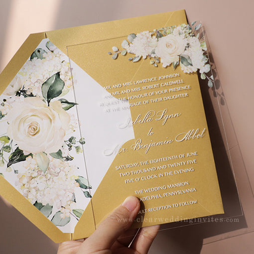 budget greenery ivory white floral gold wedding quinceanera acrylic invitations CWIA203