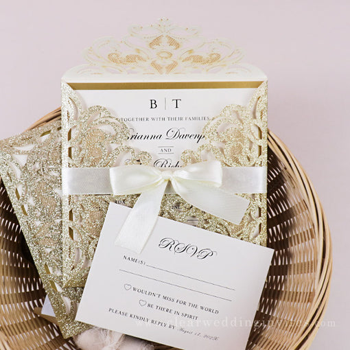 classy gold and ivory glitter laser cut wedding invitations with gold mirror backer CWIL22