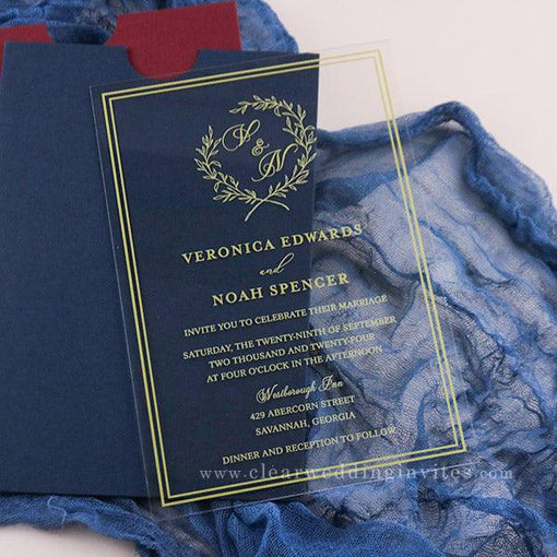 Minimal Leaf Gold Formal Monogram Pocket Acrylic Wedding Invitations CWIA171