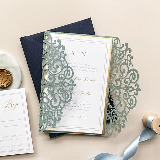 classic dusty blue laser cut wedding invitations with gold mirror CWIL72