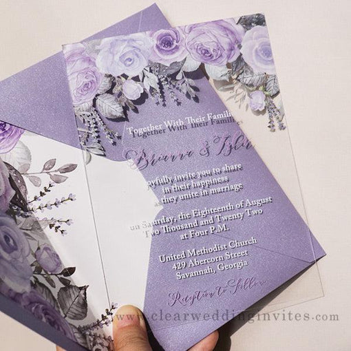 shades of purples and silver leaves acrylic wedding invitation CWIA188
