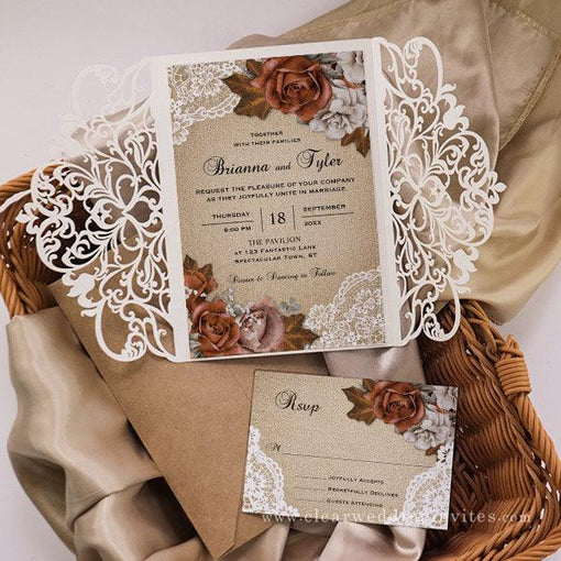 Terracotta orange roses and lace with matching RSVP postcard