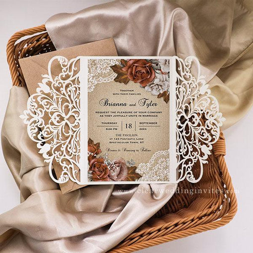 Rustic Earthy Burlap Dusty Terracotta Rose Lace Wedding Invitations CWIL92