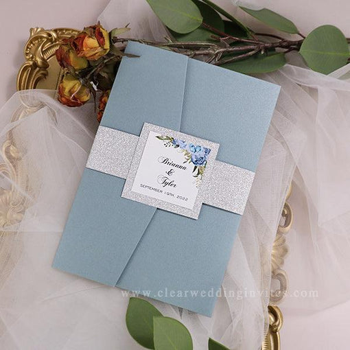 shades of dusty blue and silver pocket-fold wedding invitations CWIL99