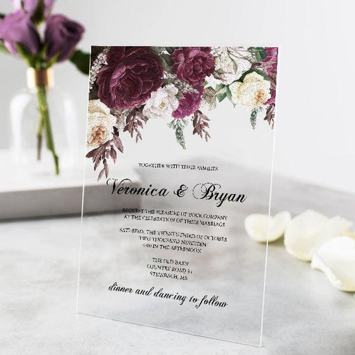 shades plum colors floral acrylic wedding invitations CWIA116